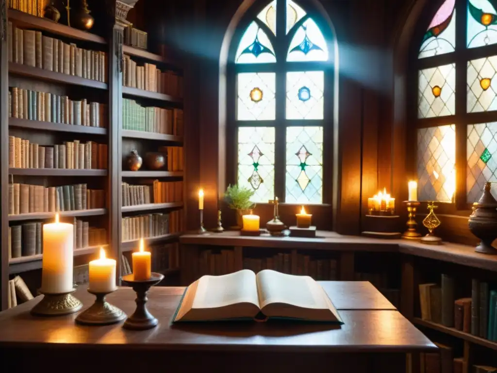 En una biblioteca antigua iluminada por una vela, una figura encapuchada investiga un pergamino con runas