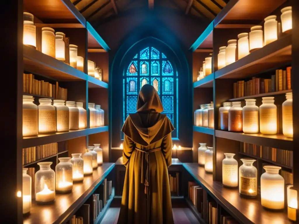 Una biblioteca antigua iluminada por velas, repleta de libros polvorientos y frascos de pociones