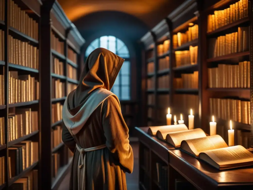 Una biblioteca antigua iluminada por velas, donde sociedades secretas estudian conocimiento esotérico en libros polvorientos