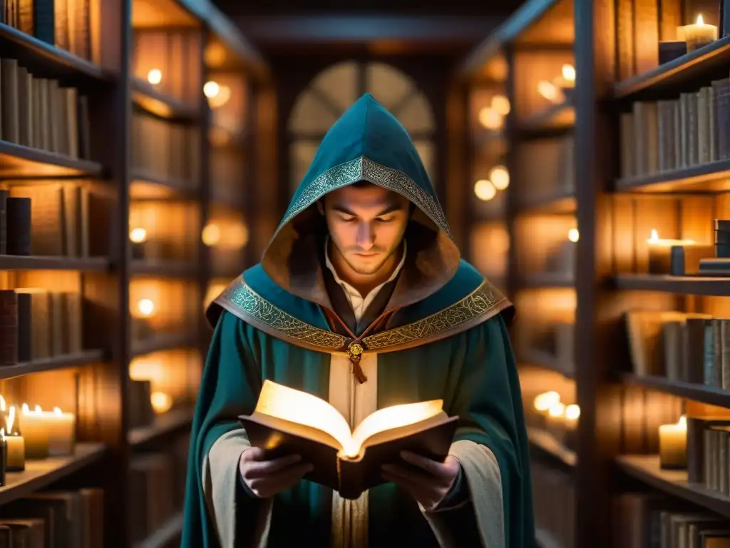 En una biblioteca antigua iluminada por velas, una figura en capa lee manuscrito con símbolos