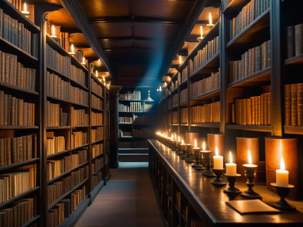 Una biblioteca antigua iluminada por velas, llena de libros esotéricos para desentrañar misterios