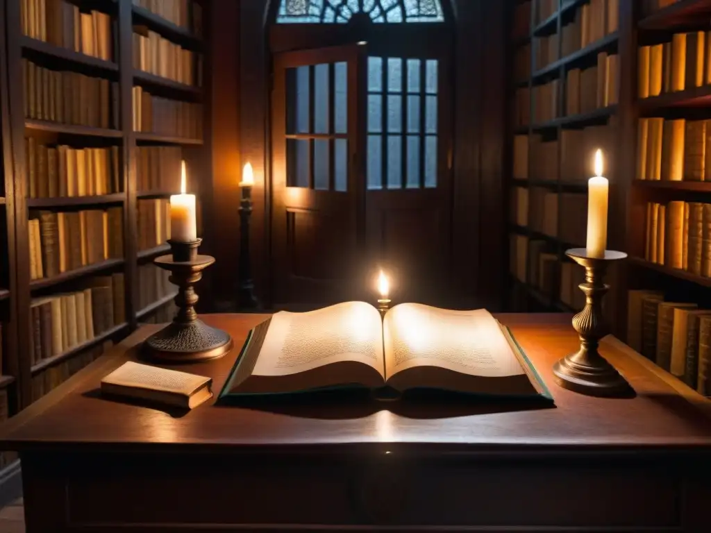 Una biblioteca antigua iluminada por velas, con libros polvorientos y un manuscrito misterioso sobre sociedades secretas en películas