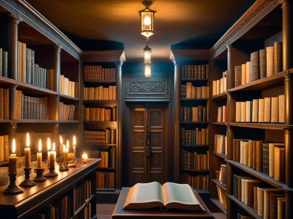 Una biblioteca antigua llena de libros polvorientos, iluminada por velas titilantes, con símbolos y escritos enigmáticos