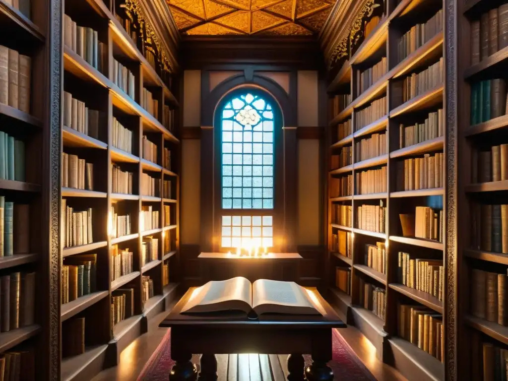Una biblioteca antigua llena de libros antiguos, símbolos misteriosos y secretos ocultos