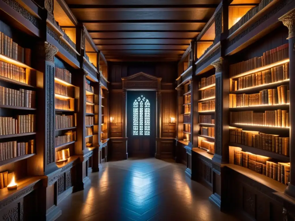 Una biblioteca antigua llena de simbolismo, secretos y misterio, con antiguos libros y pergaminos en estanterías altas