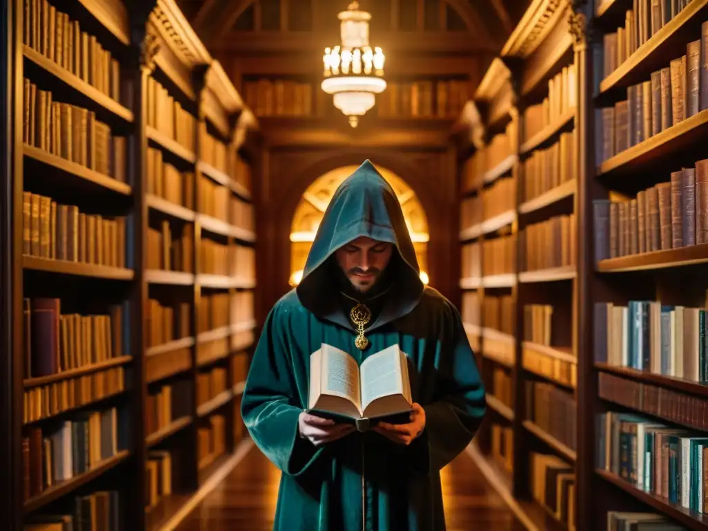 Una biblioteca Rosacruz antigua y misteriosa, con libros ornados de símbolos, velas y figura encapuchada