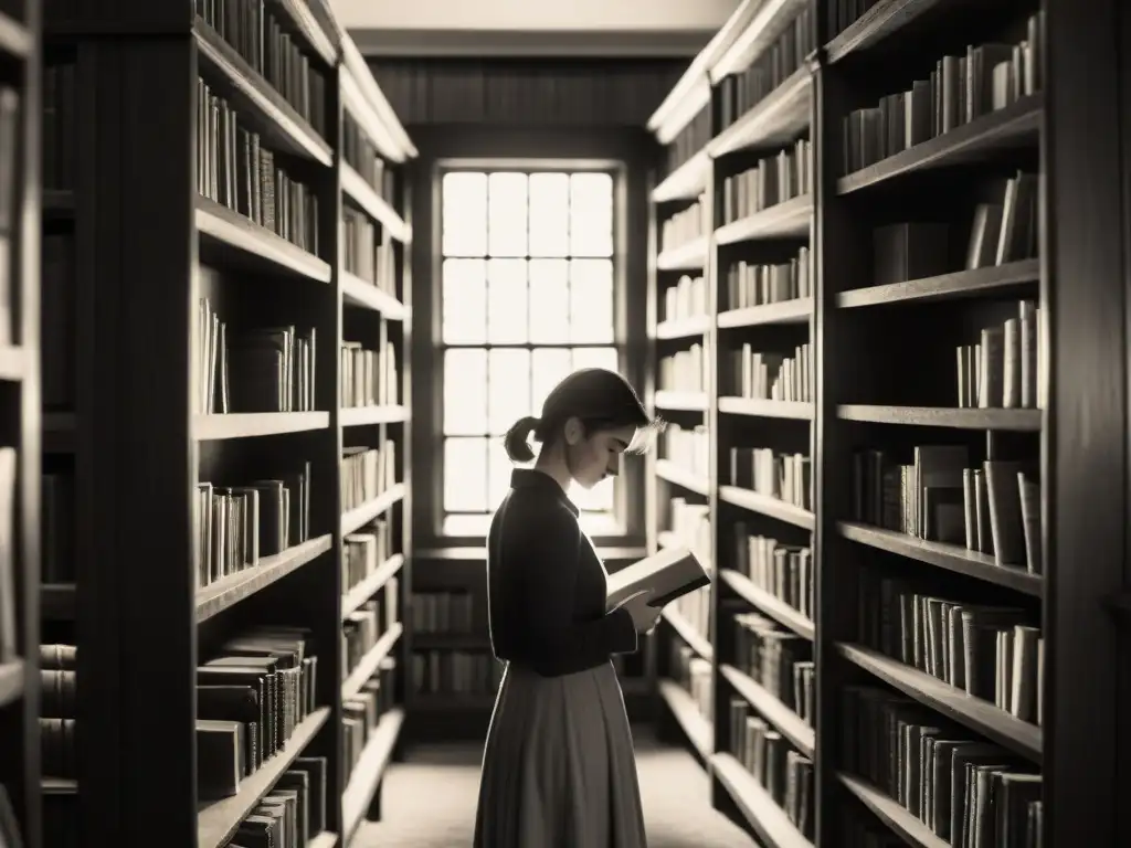 Una biblioteca antigua y misteriosa de la Sociedad de los Poetas Muertos secretos, llena de libros polvorientos y sombras intrigantes