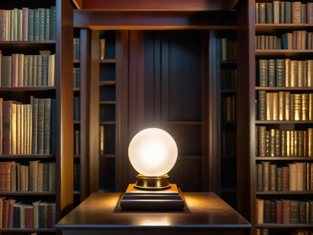 Una biblioteca antigua y misteriosa, con tomos polvorientos y artefactos, iluminada por una bola de cristal