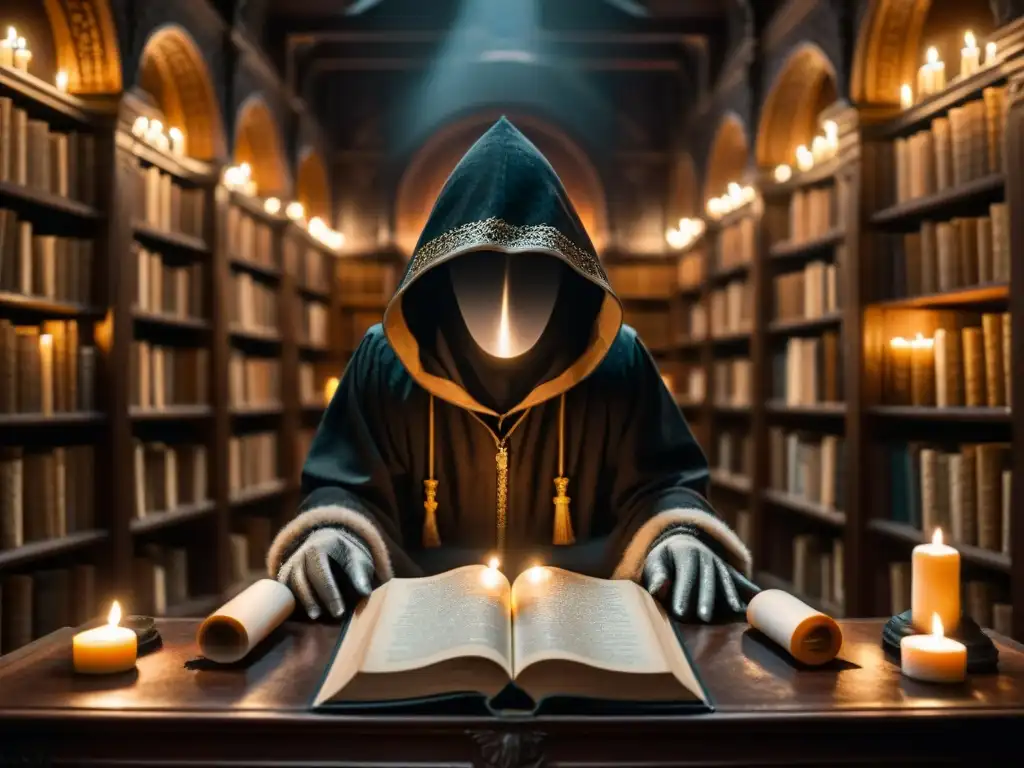 En una biblioteca antigua, un misterioso personaje estudia un libro con símbolos, en un ambiente de intriga y secretos