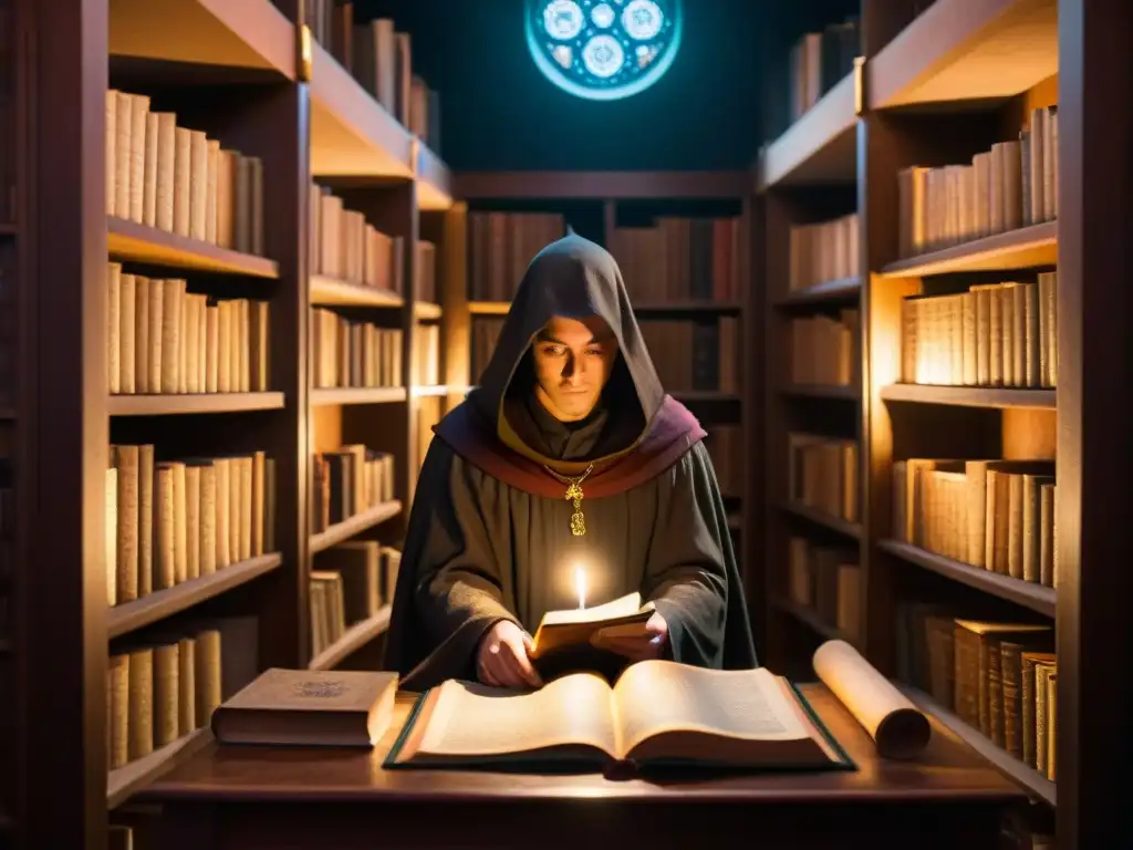 En una biblioteca antigua repleta de secretos, un misterioso individuo examina un libro