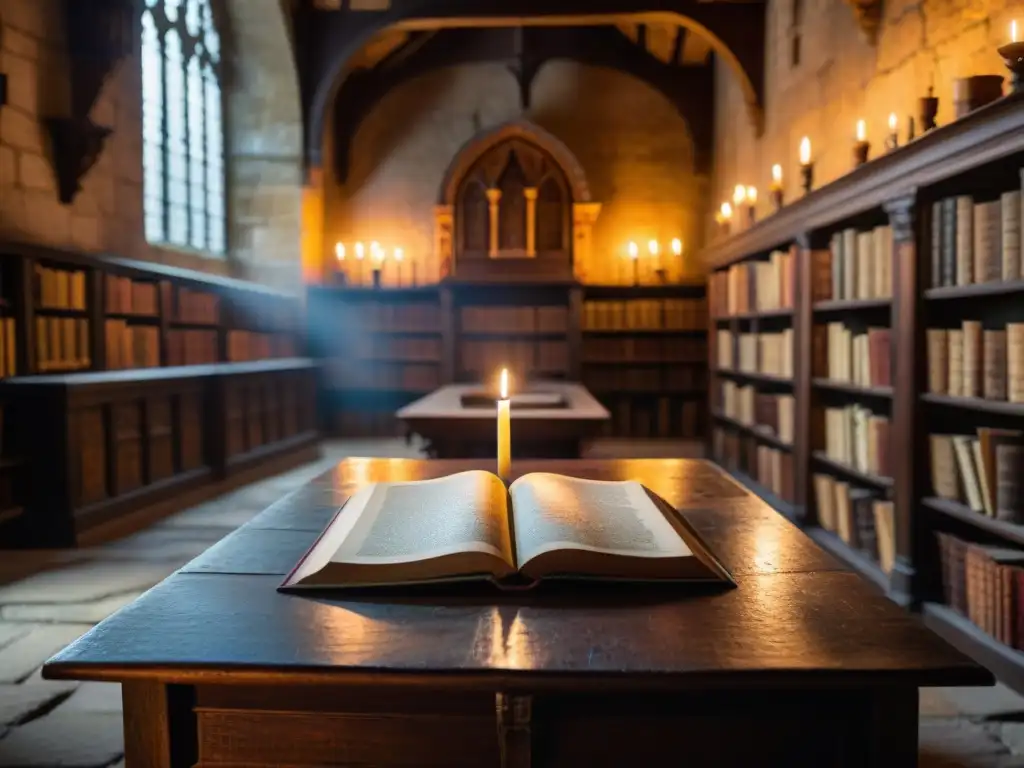 Una biblioteca medieval iluminada por una vela, llena de manuscritos antiguos y artefactos misteriosos