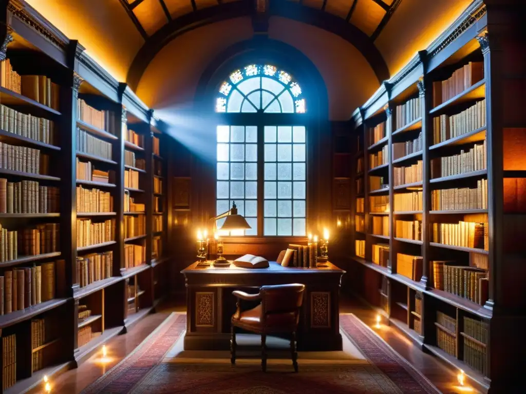 Biblioteca mística con antiguos manuscritos y artefactos Una biblioteca misteriosa y detallada, iluminada tenuemente, llena de manuscritos antiguos y artefactos místicos