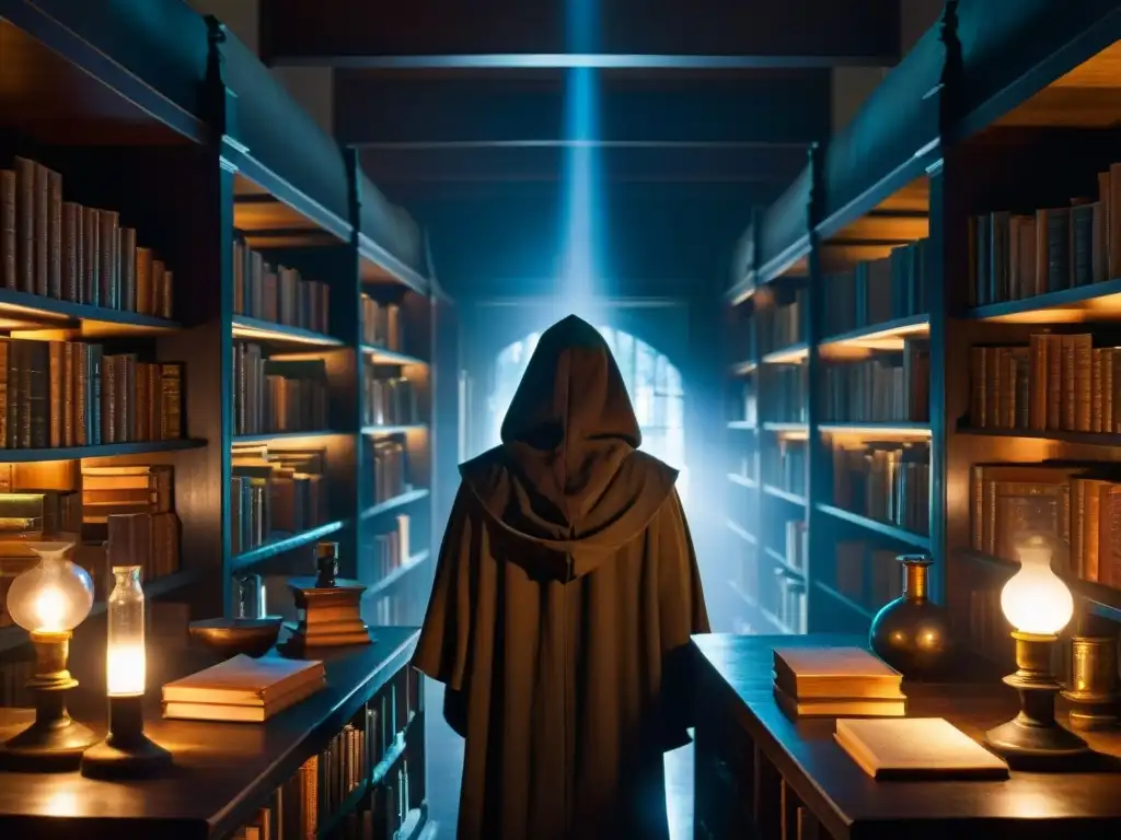 Una biblioteca misteriosa iluminada débilmente, llena de tomos antiguos y equipo científico