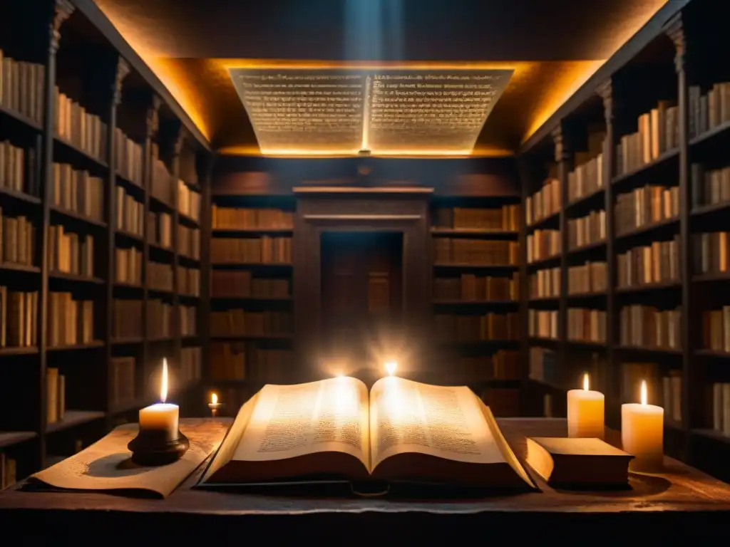 Misteriosa biblioteca de los Rosacruces: arte oculto Una biblioteca misteriosa iluminada por velas, manuscritos antiguos y símbolos enigmáticos