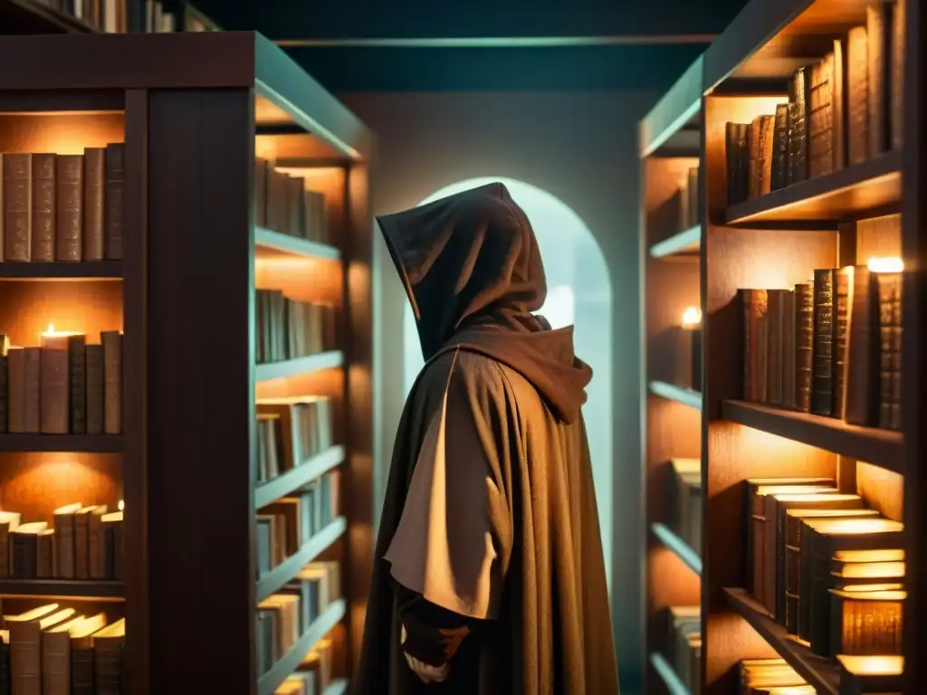 Un biblioteca misteriosa, llena de libros esotéricos para desentrañar misterios, iluminada por una vela titilante