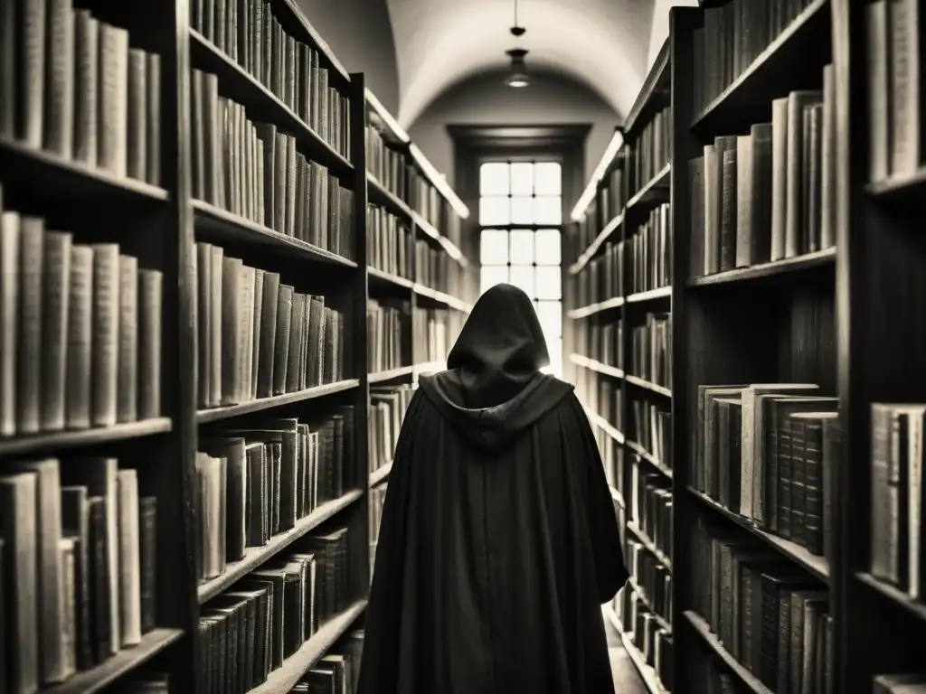 En una biblioteca misteriosa, un personaje en sombras toca un antiguo libro, revelando secretos de la Sociedad de los Poetas Muertos