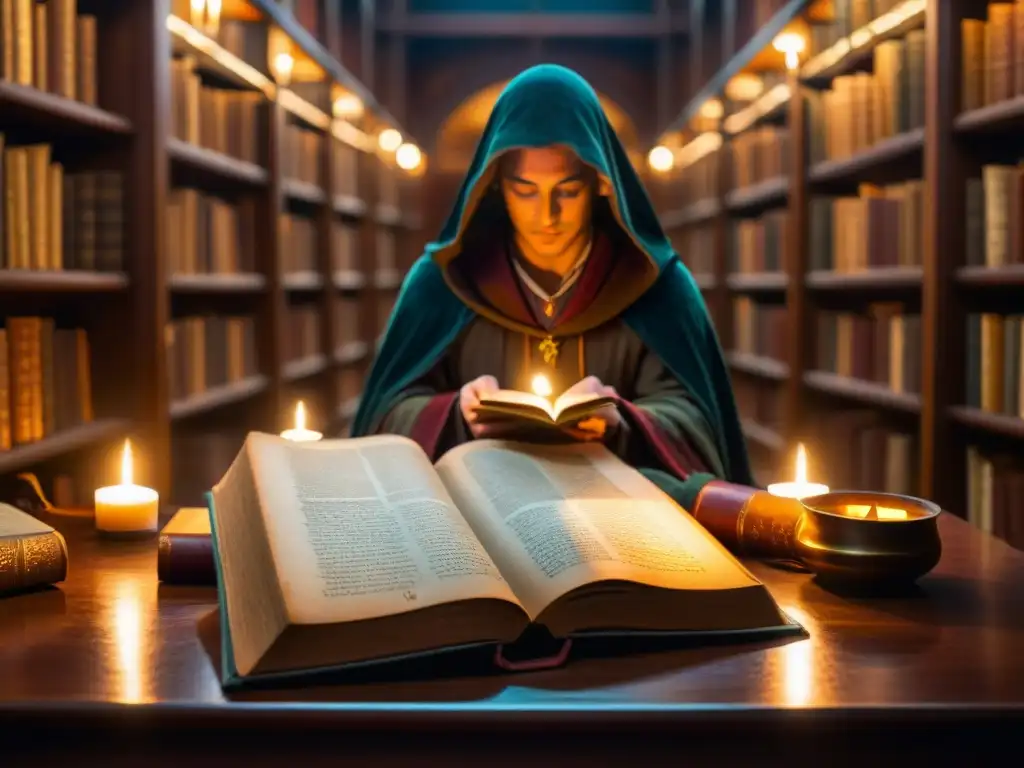 Una biblioteca misteriosa de los Rosacruces: historia, misterios y influencia, con libros antiguos, símbolos y luz de velas