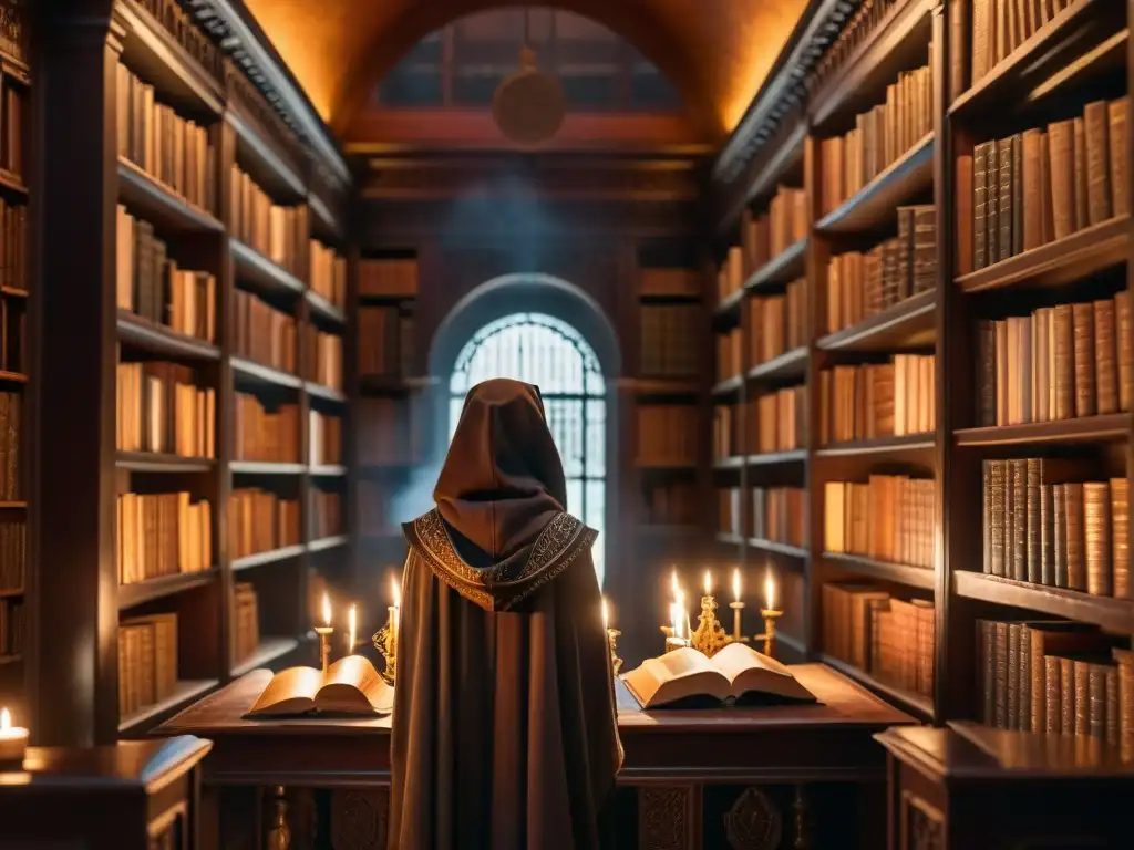 Una biblioteca misteriosa con tomos antiguos, luz de velas y figura en capa leyendo un manuscrito, evocando magia ocultismo sociedades secretas