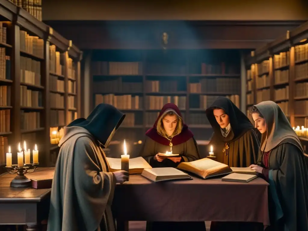 En una biblioteca polvorienta y sombría, la Sociedad de los Poetas Muertos secretos se reúne en torno a antiguos pergaminos y plumas