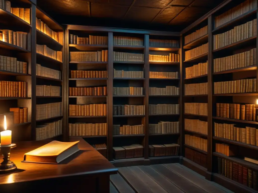 Una biblioteca secreta iluminada por una vela, repleta de libros antiguos y símbolos misteriosos