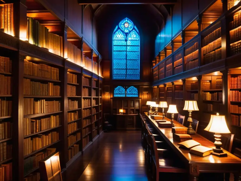 Una biblioteca secreta repleta de libros antiguos y manuscritos, iluminada por tenues destellos de luz