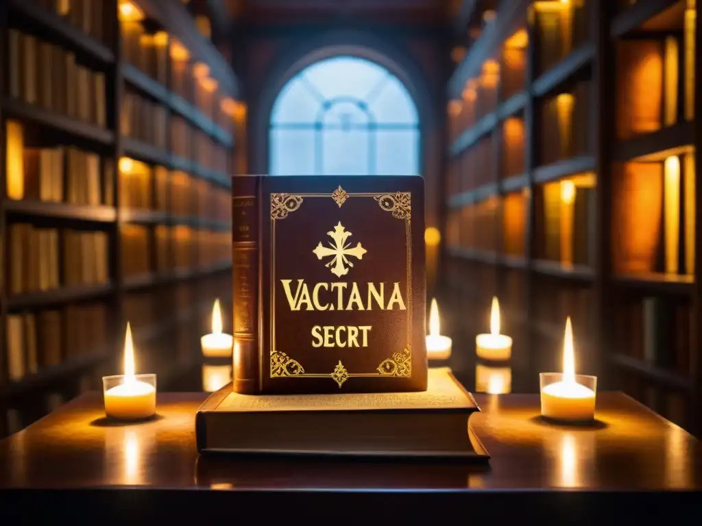 En la biblioteca sombría del Vaticano, un libro antiguo con el emblema vaticano en la portada, rodeado de velas y sombras