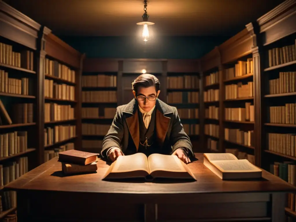 Antigua biblioteca de ocultismo: misterios revelados En la biblioteca tenue de la obra Lovecraft, libros antiguos sobre ocultismo y figuras misteriosas se revelan en la penumbra