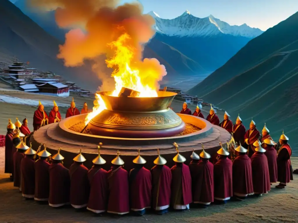 Ritual bonpo en monasterio tibetano: detallada ceremonia al atardecer Bonpos en ceremonia ritual en monasterio remoto en el Tíbet, influencia decisiones políticas