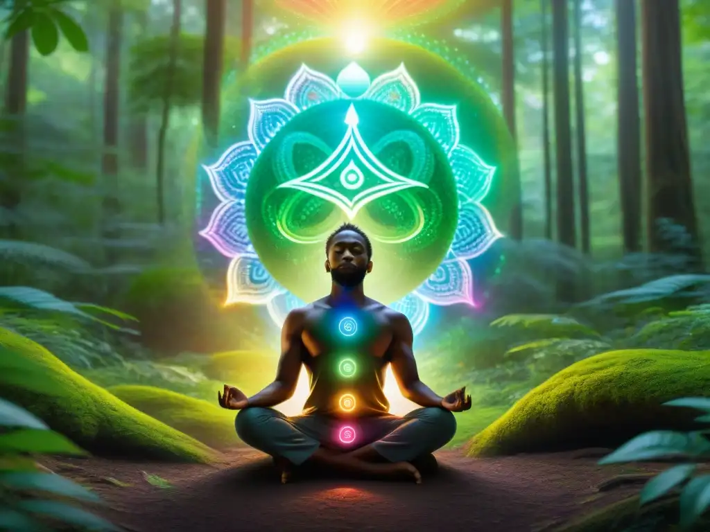 Meditación en el bosque: chakras, criptomonedas y éxito financiero se entrelazan en una escena de alineamiento energético