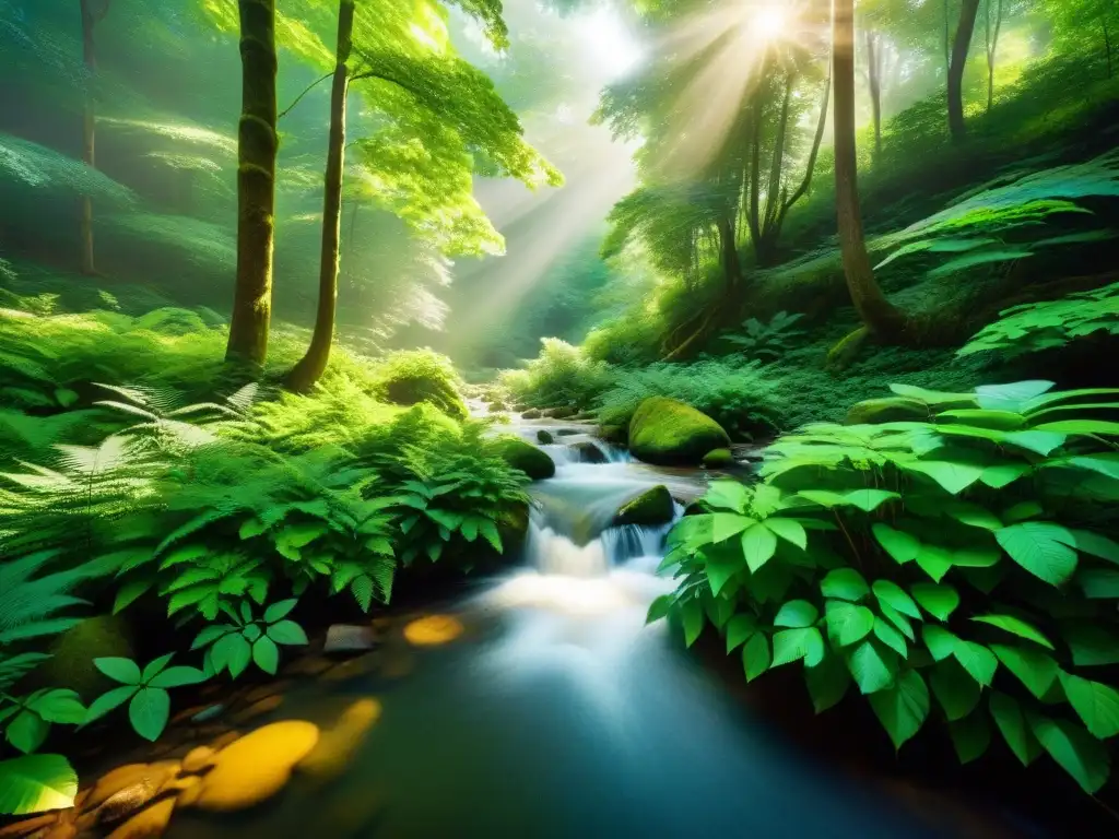 Un bosque denso con luz solar filtrándose entre el dosel verde, iluminando un arroyo tranquilo