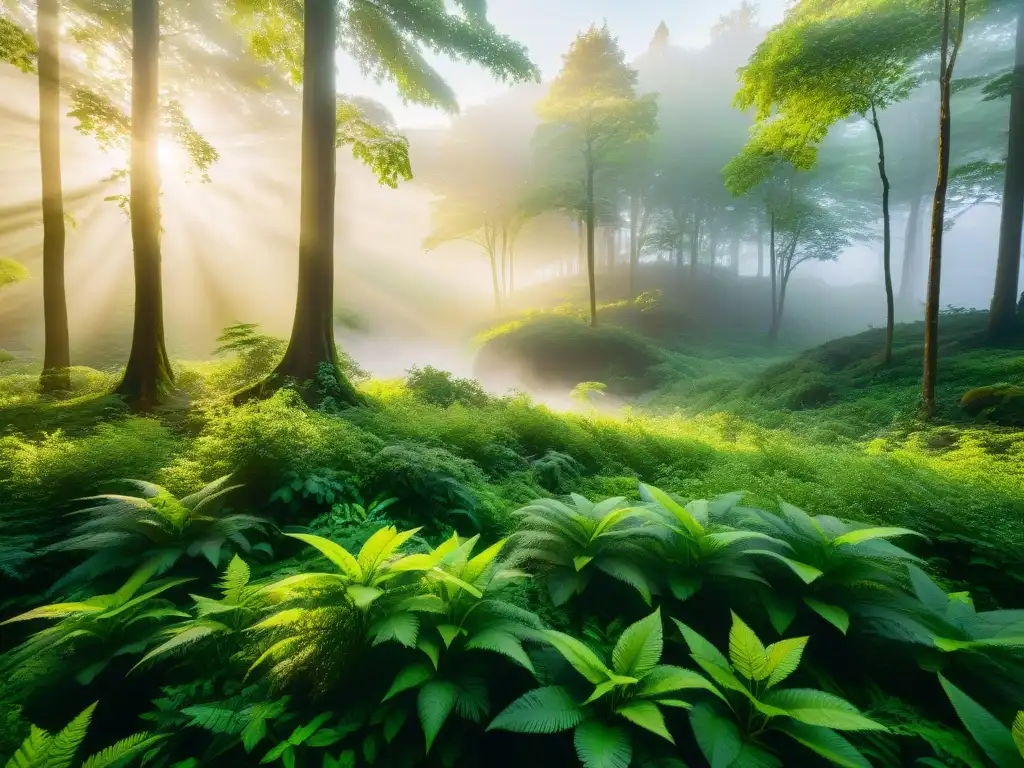 Un bosque exuberante bañado en luz dorada con niebla mística en el suelo