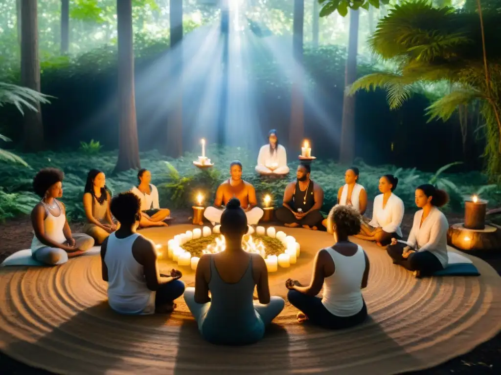 Meditación en el bosque: grupo diverso en círculo con velas y cristales