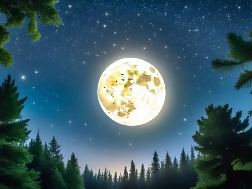 Un bosque mágico iluminado por la influencia de la luna, donde criaturas místicas y plantas brillantes revelan su esencia