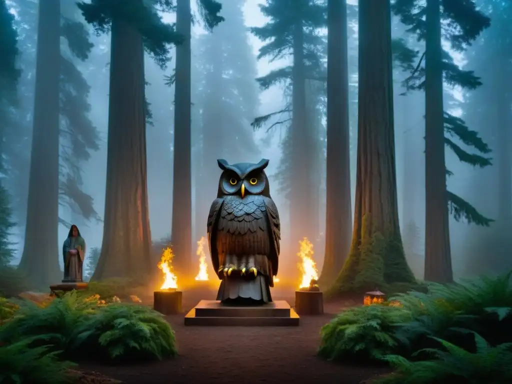 Bosque misterioso en penumbra con estatua de búho rodeada de antorchas y figuras encapuchadas en Bohemian Grove