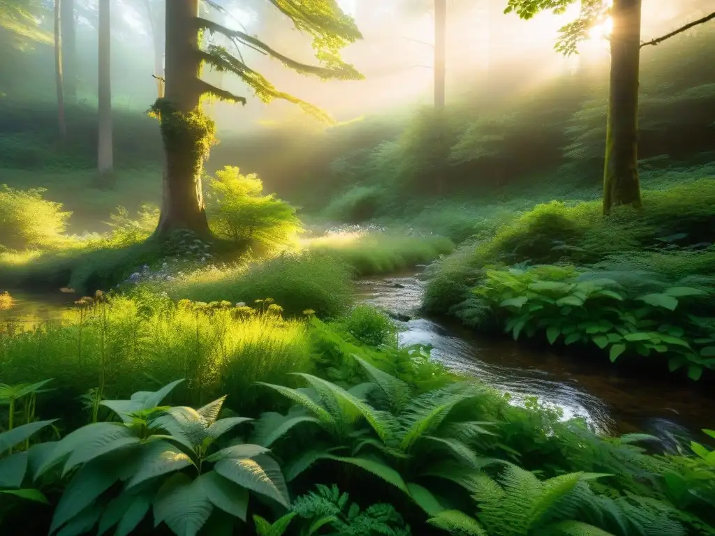 Un bosque místico al amanecer con una atmósfera de magia verde para sanación