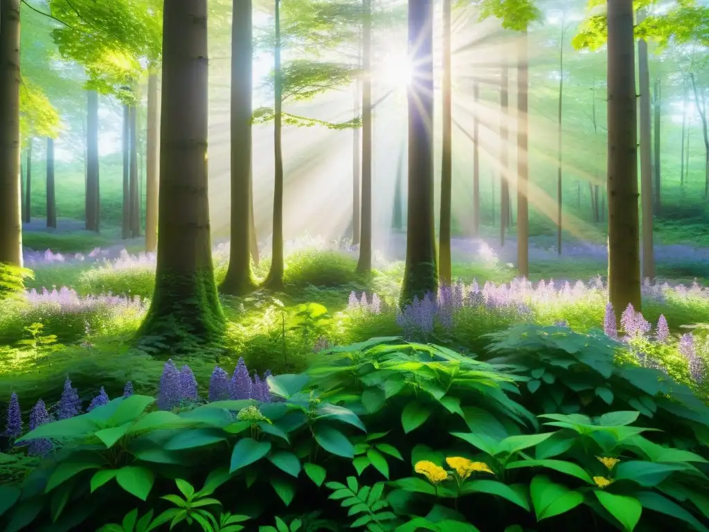 Un bosque sereno con luz filtrada entre el follaje verde, flores silvestres de colores vibrantes