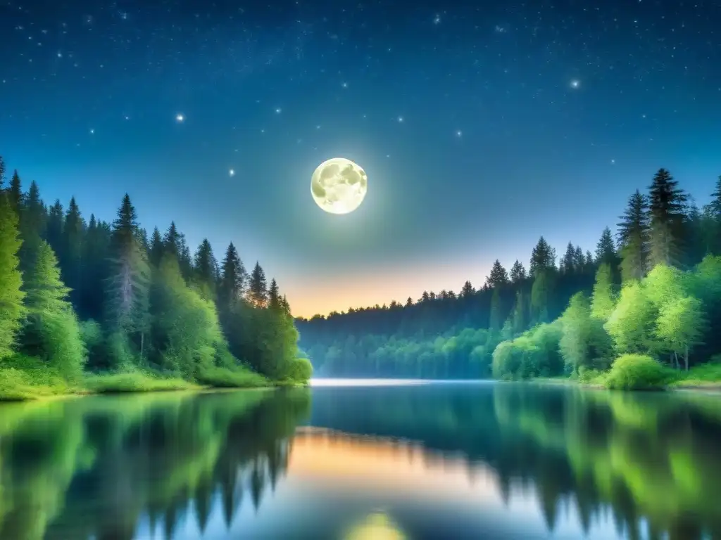 Un bosque tranquilo iluminado por la luna llena, reflejándose en un lago sereno