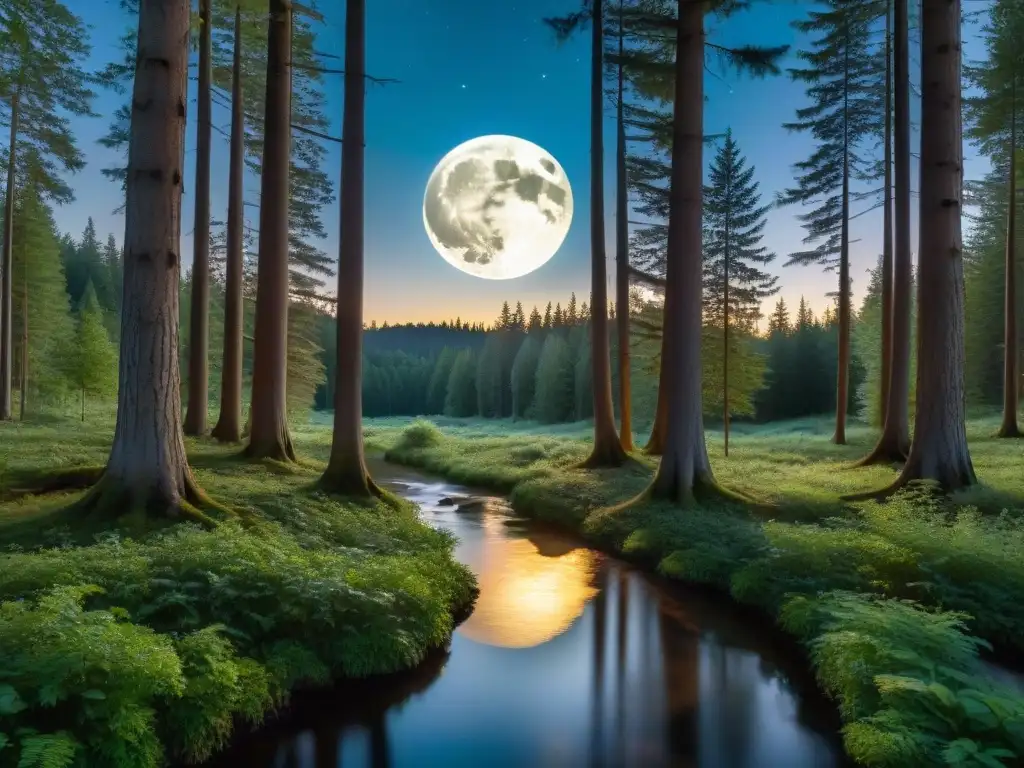 Un bosque tranquilo iluminado por la luna llena, mostrando los ritmos naturales y la influencia sanadora de la luna