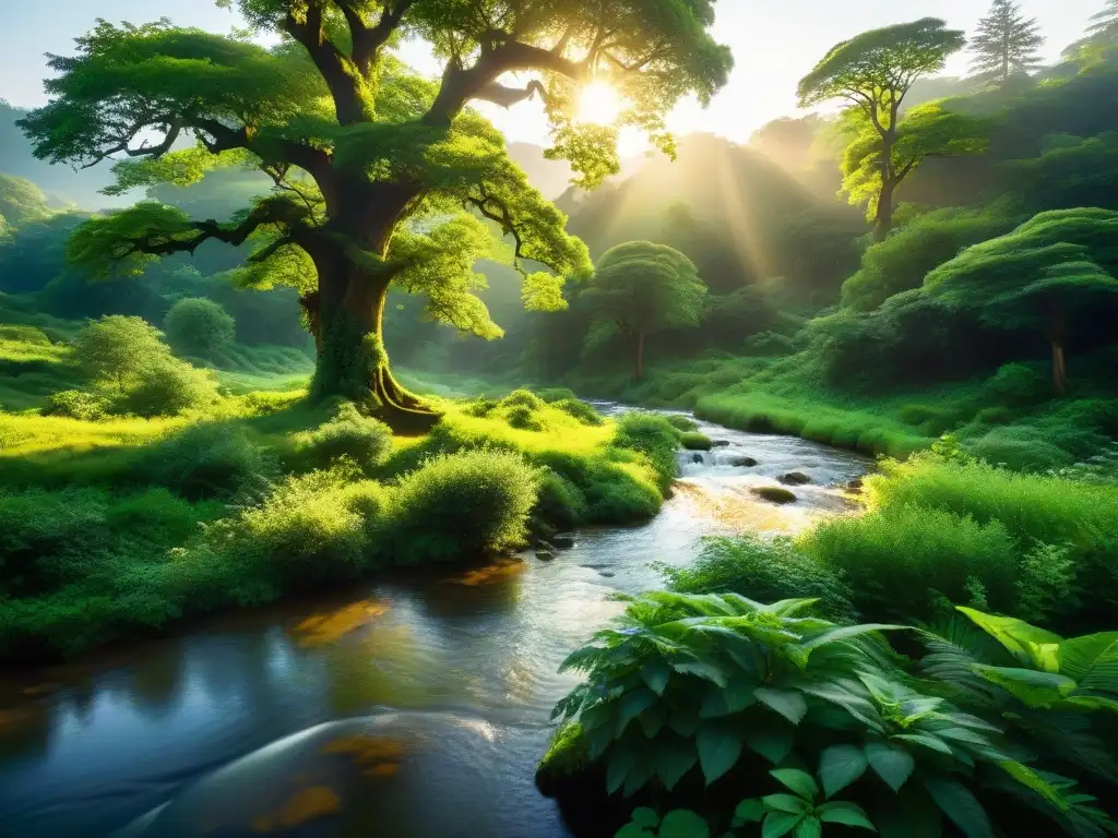 Un bosque verde exuberante iluminado por luz dorada, con árboles antiguos y un arroyo