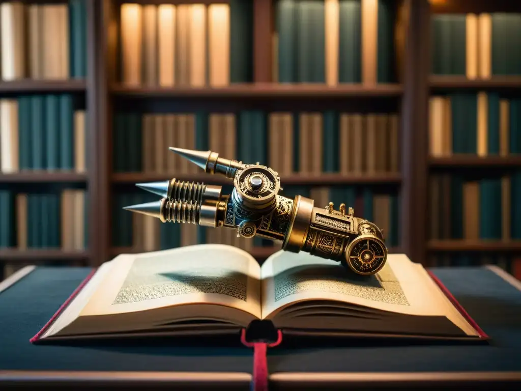 Un brazo robótico del futuro interpreta antiguos grimorios en una biblioteca