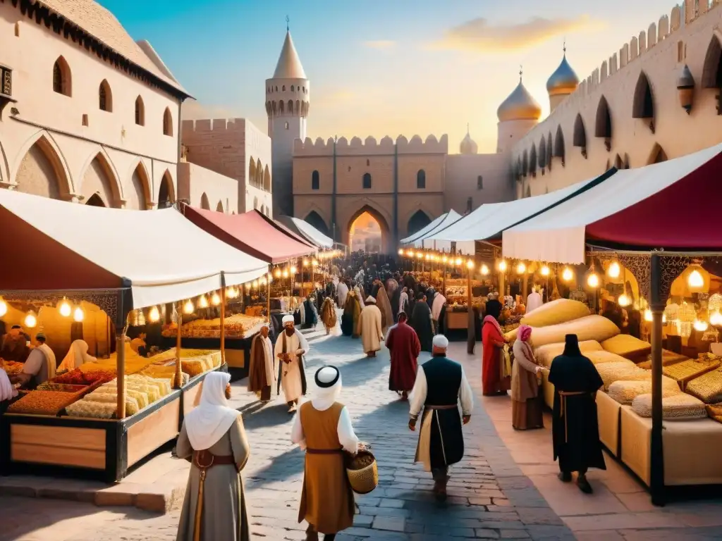 Un bullicioso mercado medieval en una ciudad del Medio Oriente, con influencias de la Caballería Teutónica en las Tierras Islámicas