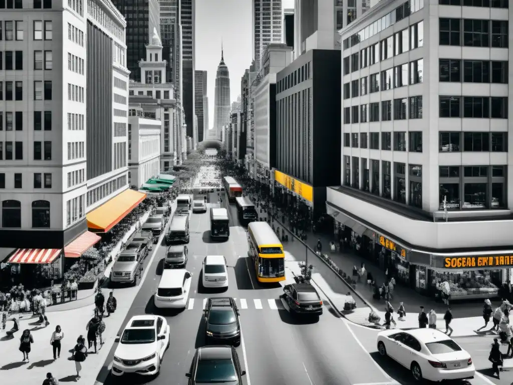 Un bullicioso paisaje urbano en blanco y negro, reflejando la diversidad de culturas y actividades en una metrópoli global