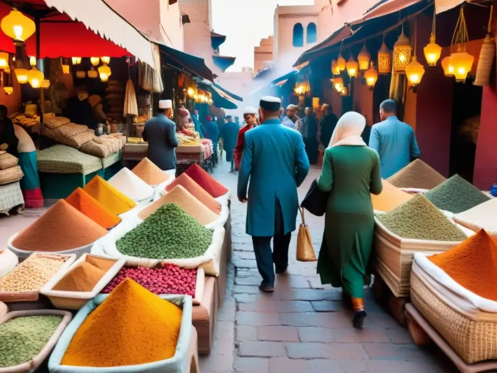 Un bullicioso zoco en Marrakech con colores vibrantes y Sufis en diplomacia internacional intercambiando bienes y té en tiendas decoradas