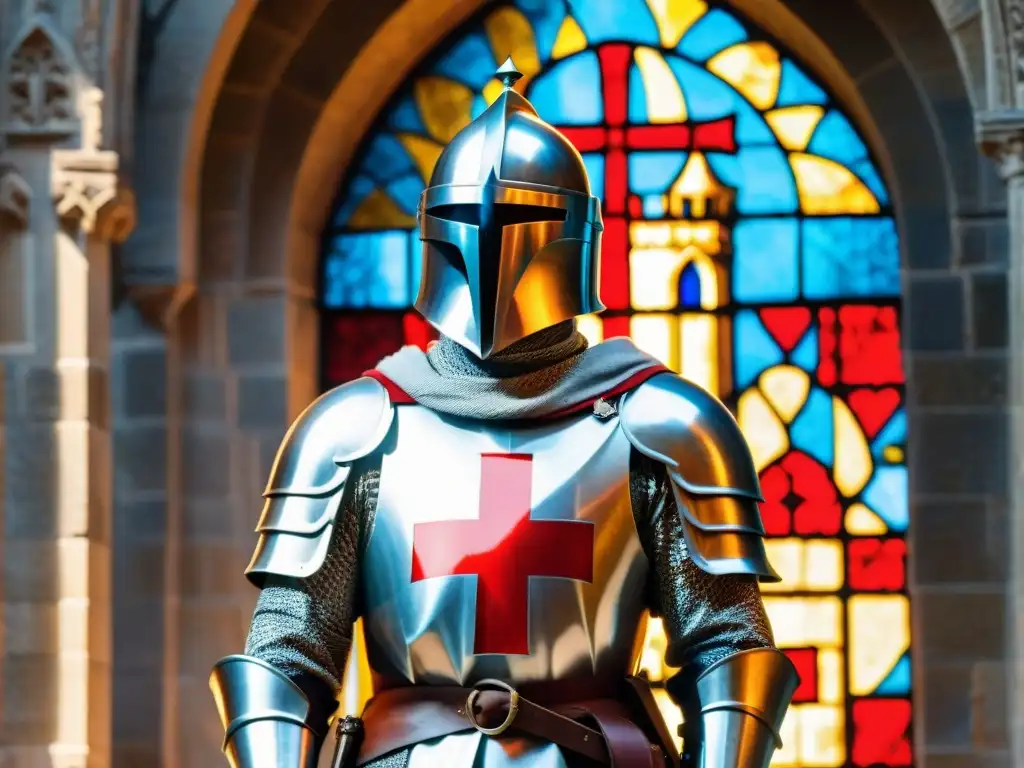 Un caballero templario en armadura completa, con la cruz roja en el pecho, en un castillo