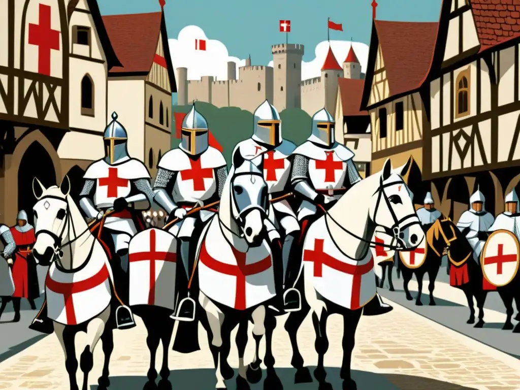 Caballeros Templarios en su esplendor cabalgan por la ciudad medieval