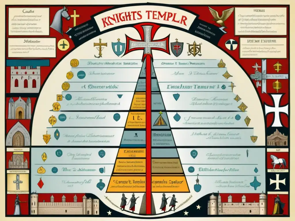 Jerarquía Caballeros Templarios revelada en diagrama detallado y ornamental, rodeado de símbolos antiguos