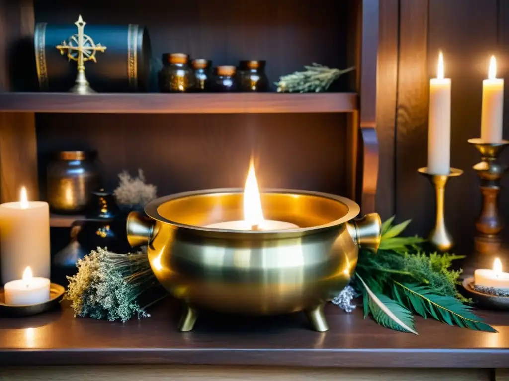 Un caldero de latón en un altar de madera rodeado de hierbas secas, cristales y un cuchillo ritual, iluminado por una vela