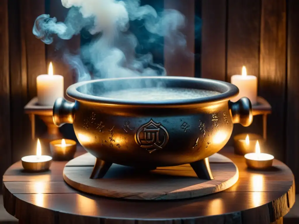 Un caldero antiguo en un altar de madera, rodeado de velas y símbolos místicos, evocando magia y rituales