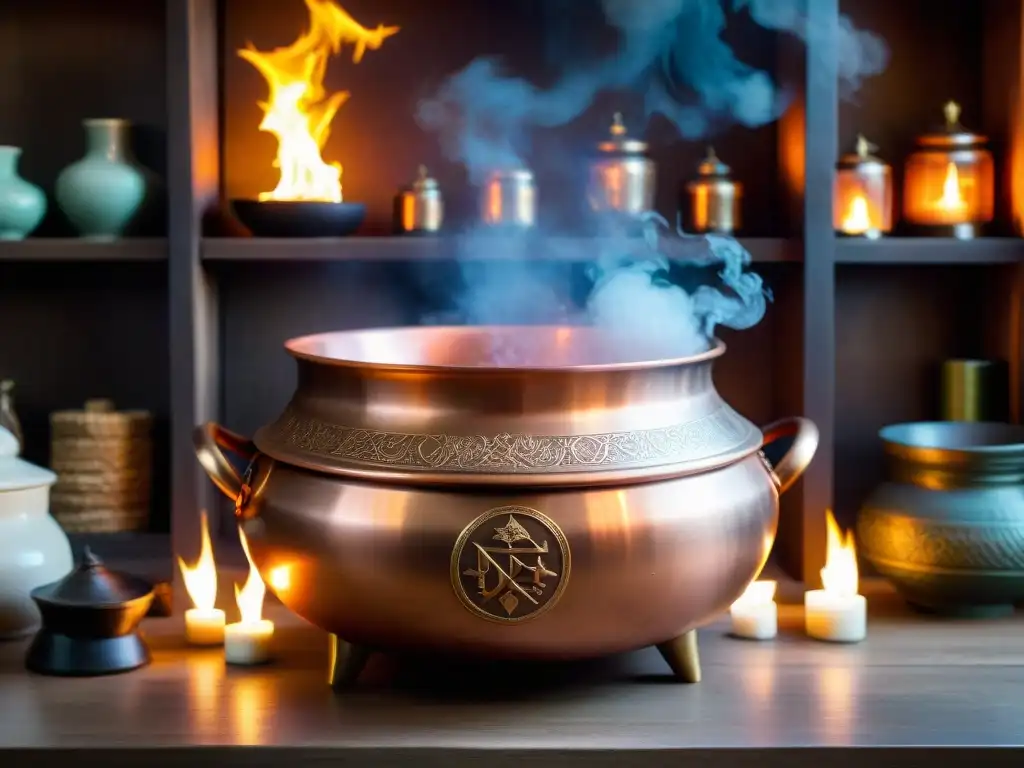 Un caldero de cobre brillante con símbolos antiguos, rodeado de ingredientes mágicos