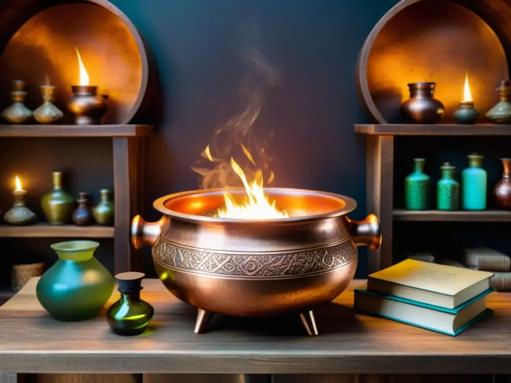Caldero de cobre con grabados, rodeado de ingredientes mágicos en estantes, creando atmósfera de misterio